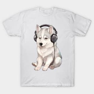 Watercolor Siberian Husky Dog with Headphones T-Shirt